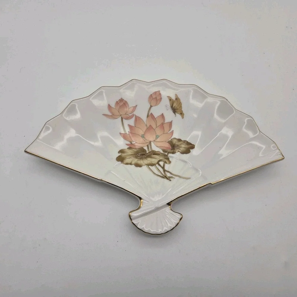 Vintage Fan Shaped Porcelain Dish Tray Pink Floral Lotus Butterfly Made in Japan
